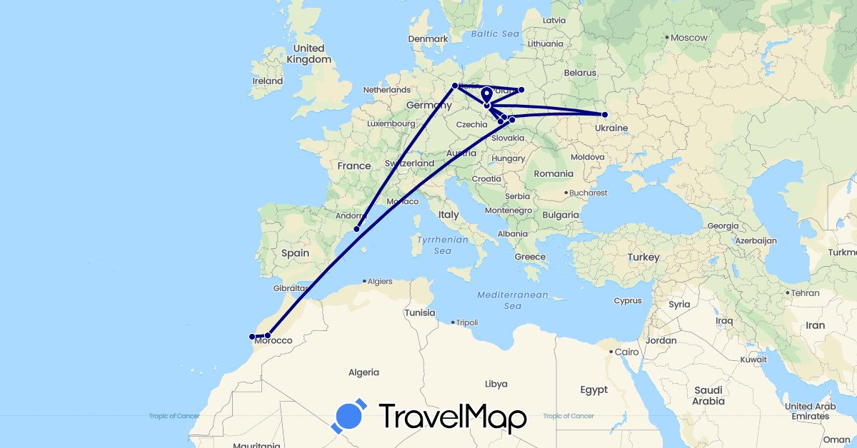 TravelMap itinerary: driving in Germany, Spain, Morocco, Poland, Ukraine (Africa, Europe)